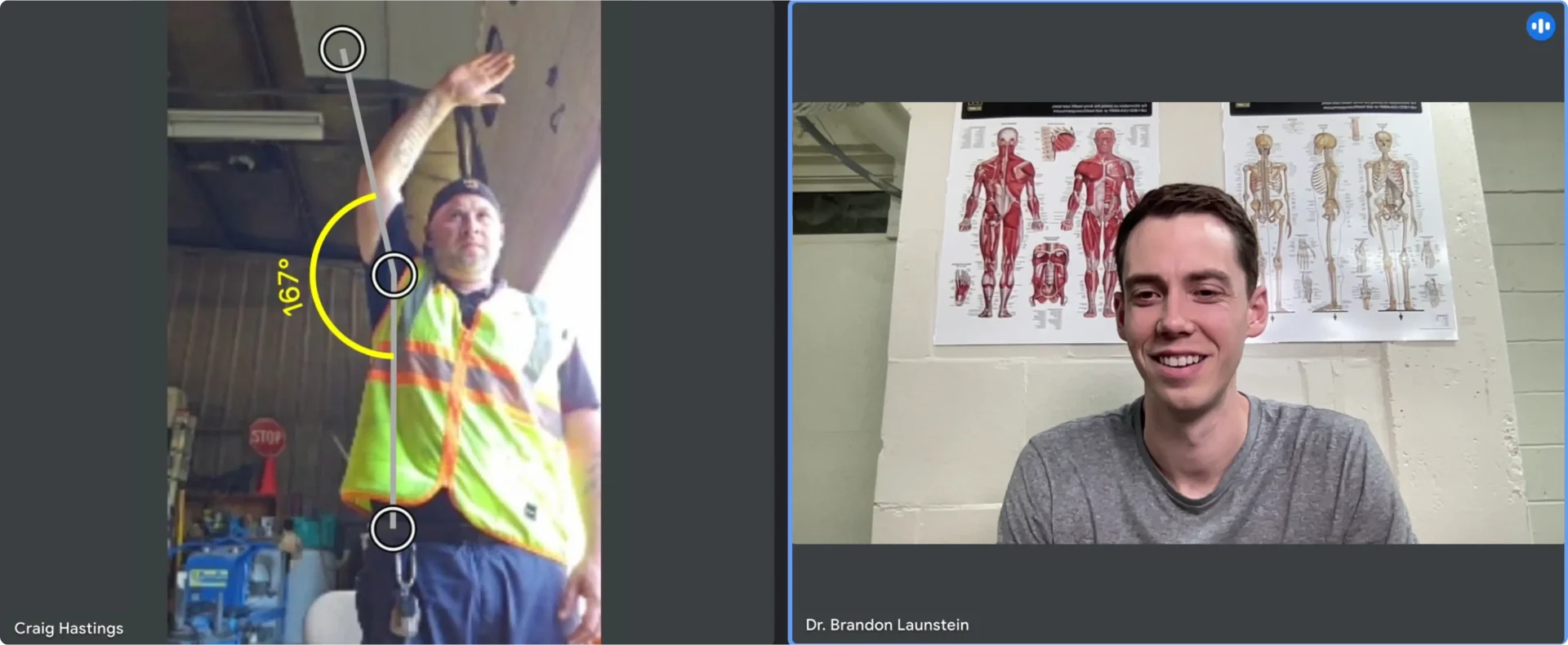 Virtual PT Evaluation Example of a virtual physical therapy evaluation showing a patient being evaluated for shoulder pain.