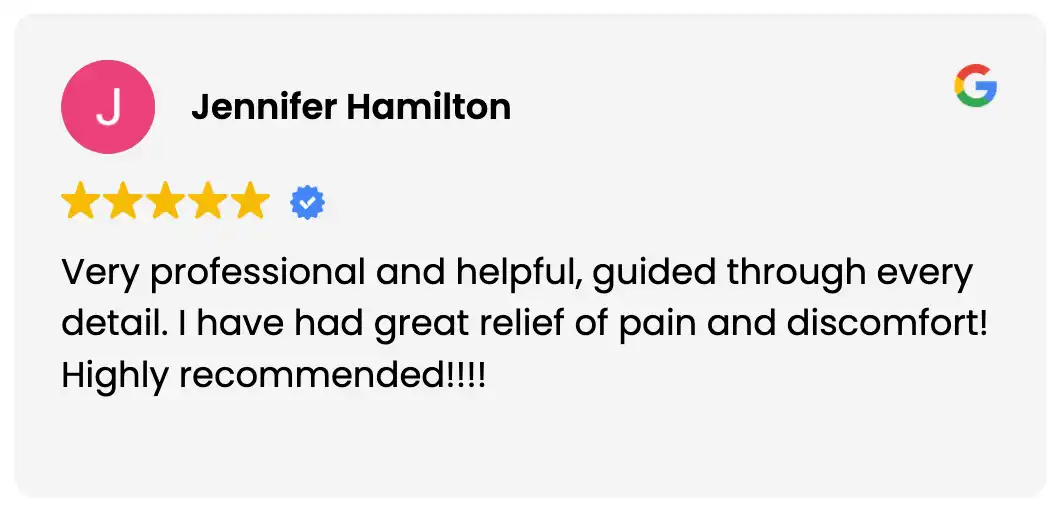 5-star Google review from Jennifer Hamilton: great relief of pain and discomfort with physical therapy from home, highly recommended