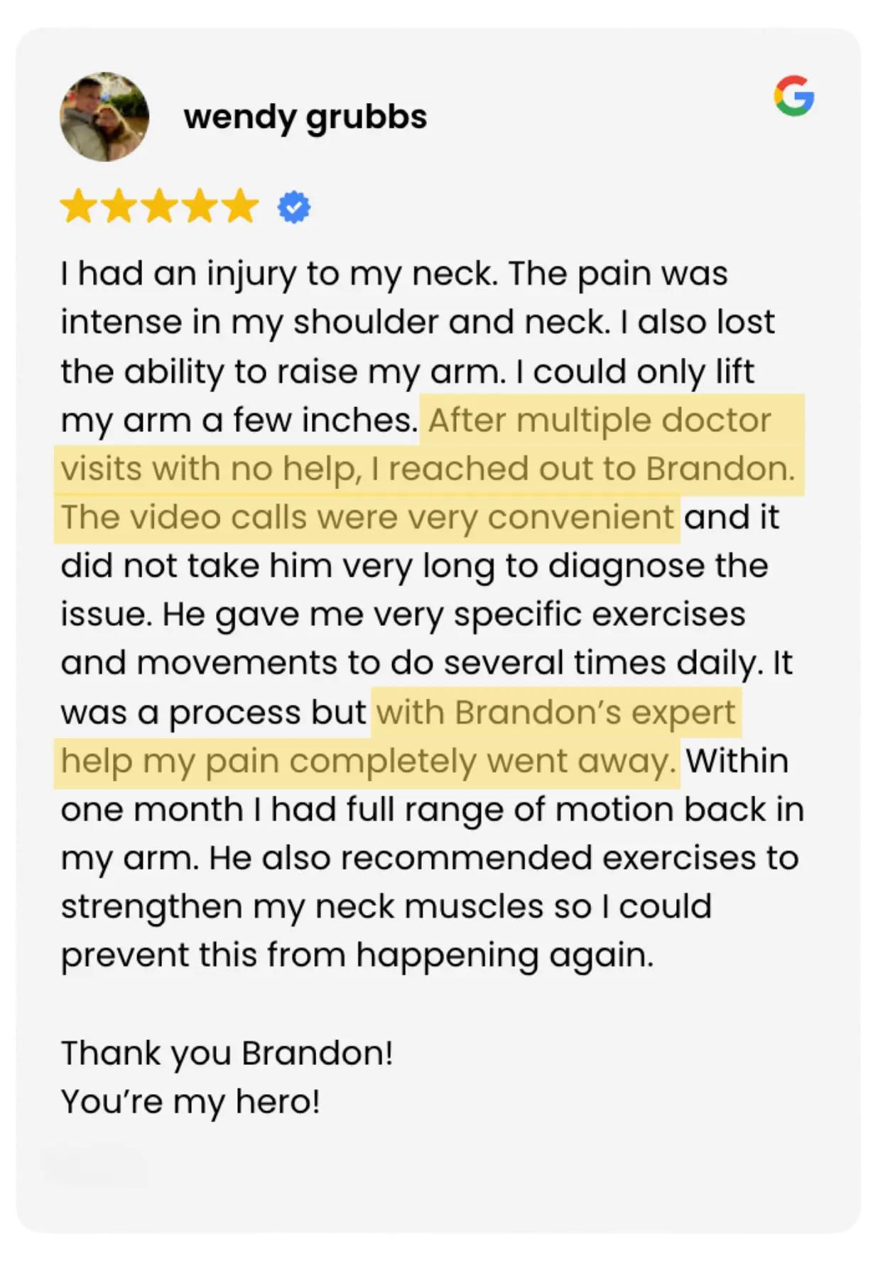 5-star Google review from Wendy Grubbs: neck and shoulder pain with lost range of motion fully resolved in one month with online physical therapy