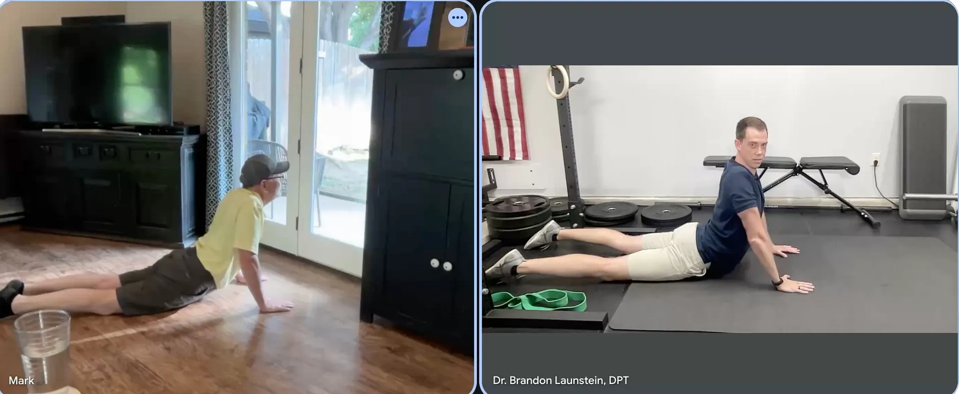 Example of online physical therapy treatment showing a physical therapist guiding a patient through low back joint mobilizations to relieve pain.