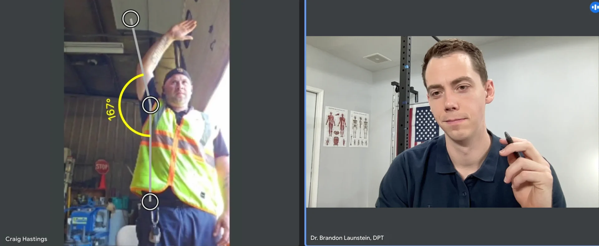 Online PT Examination Screenshot of a telehealth evaluation showing the physical therapist Dr. Brandon Launstein, DPT evaluating a patient with shoulder pain via online physical therapy.