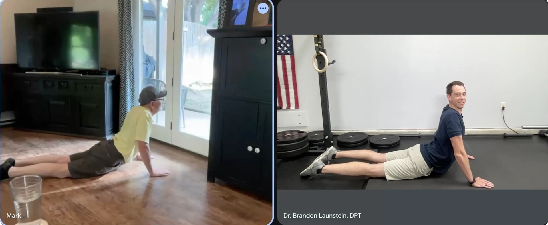 Online Pain Physical Therapy Treatment2 Screenshot of a telehealth physical therapy appointment showing Dr. Brandon Launstein, DPT, guiding a patient through PT treatment with online physical therapy.