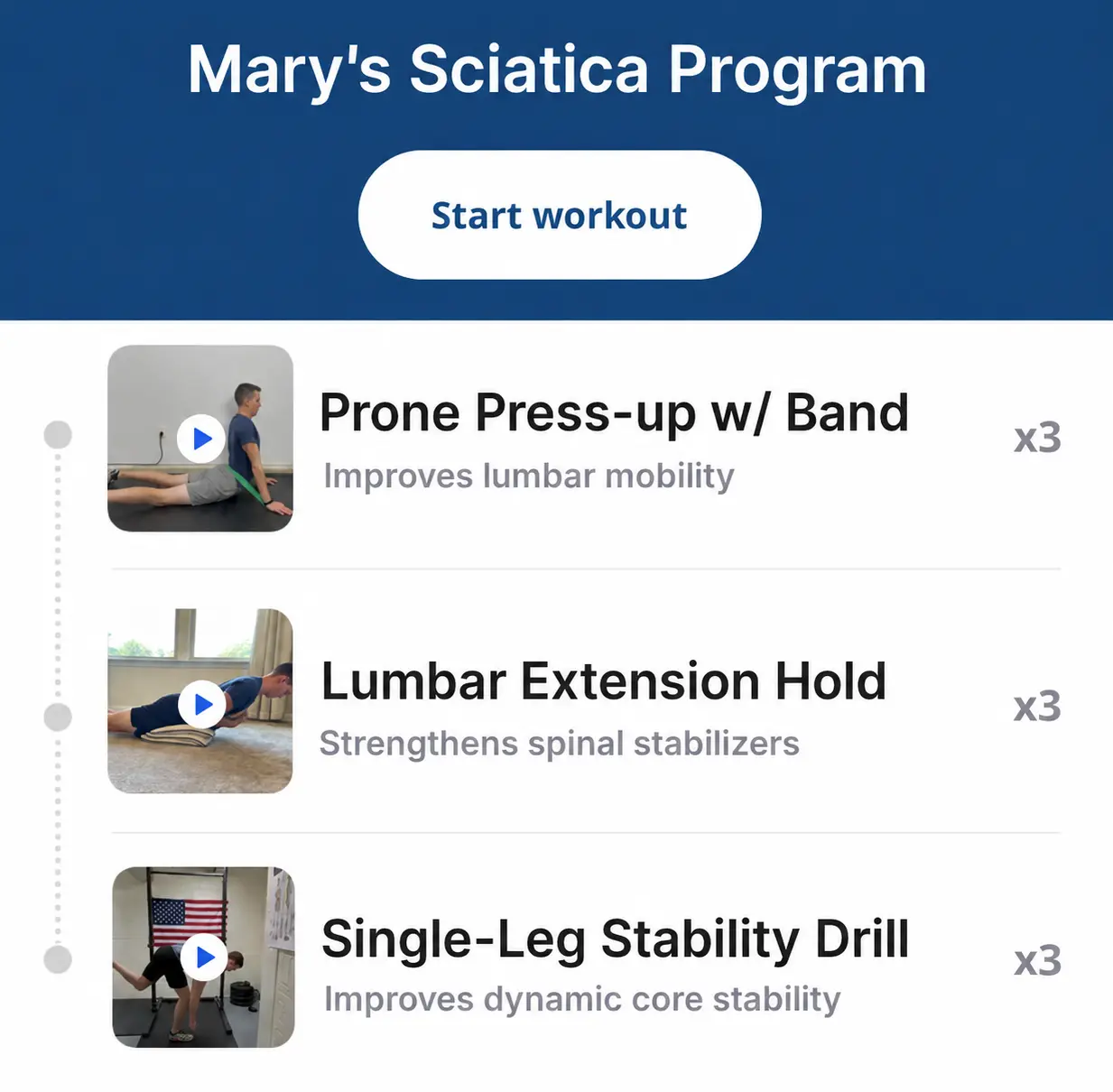 Online Physical Therapy Exercise Program 2 Example online physical therapy exercise program listing exercises for the patient to perform.